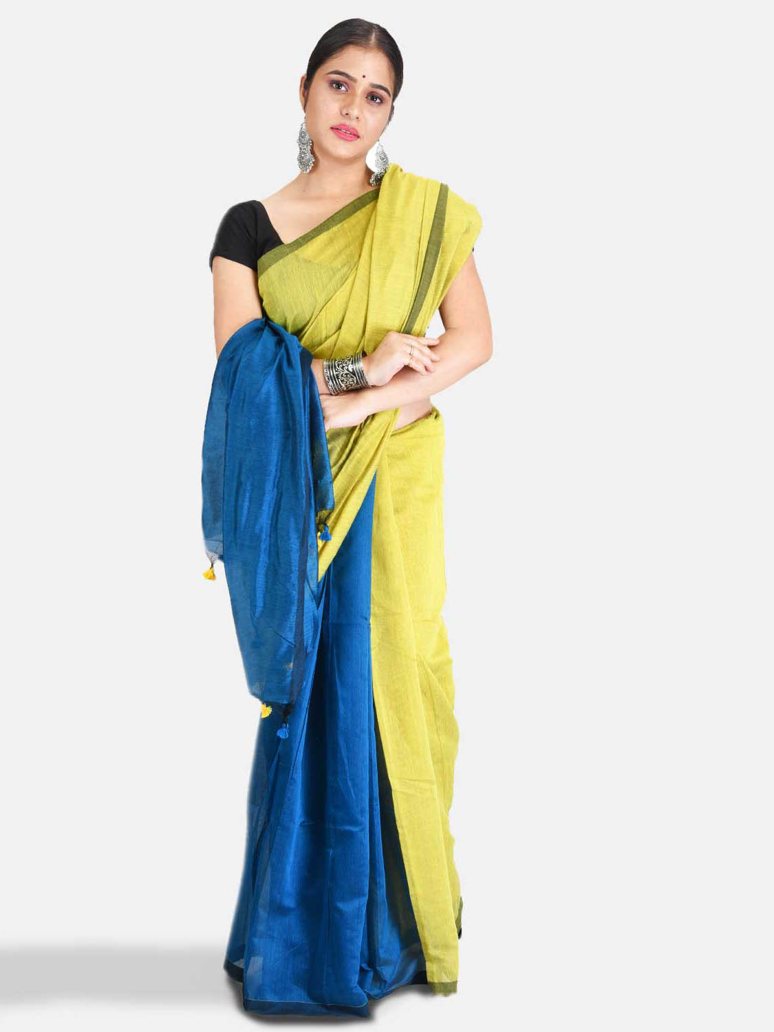  Bengal Soft Khadi Cotton Silk Ghicha Handloom Saree With Blouse Piece (Light Green Blue)